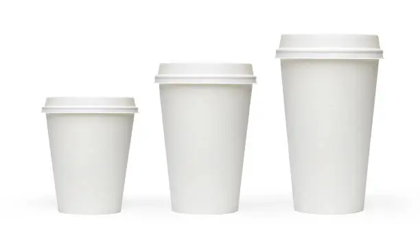 Three sizes blank take away coffee cups isolated on white background including clipping path