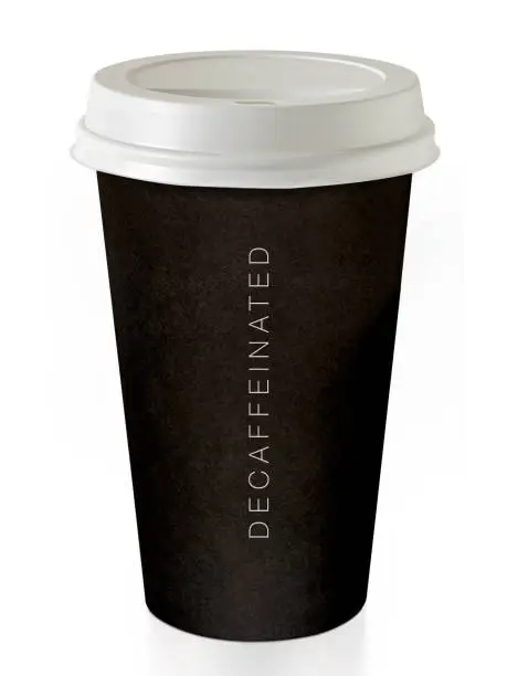 Decaffeinated black takeaway coffee cup on white background including clipping path