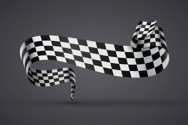 Black and white checkered flag or banner Black and white checkered curved flag or ribbon, sport banner on dark background pitstop stock illustrations