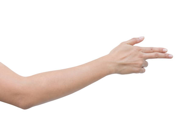istock Right back hand a woman show forefinger, index finger and thumb action in correct, pointing, shoot sign. isolated on white background 681250094