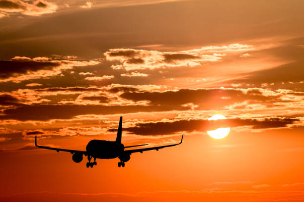istock Airplane landing at sunset 681250266