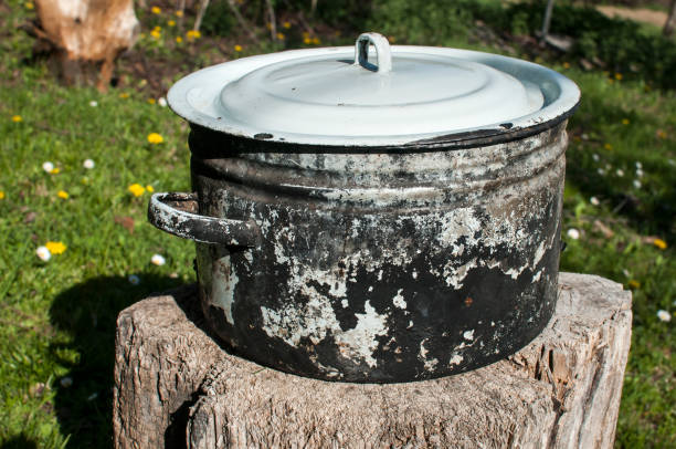 istock Old metal sauserpot on wooden log 681256328