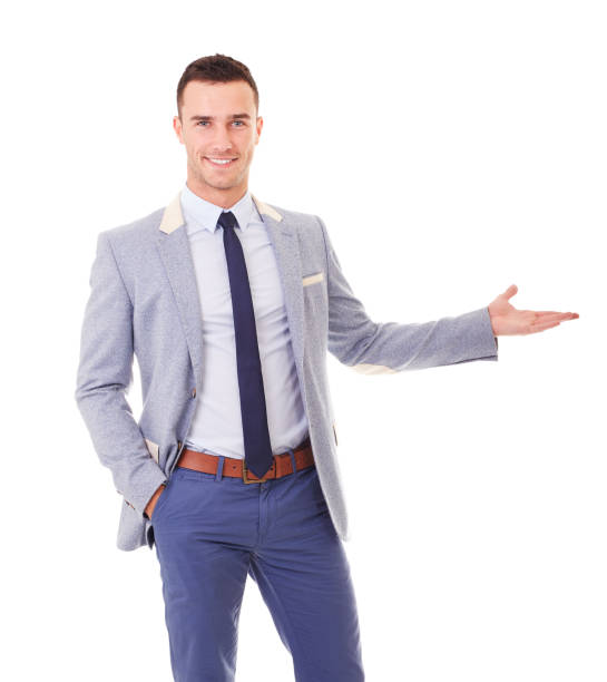 istock Portrait of man in blue jacket showing empty copyspace 681257734
