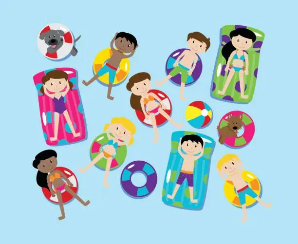 Vector illustration of Pool Party or Lake Party Vector Set, Including Children and Dogs Swimming and Floating