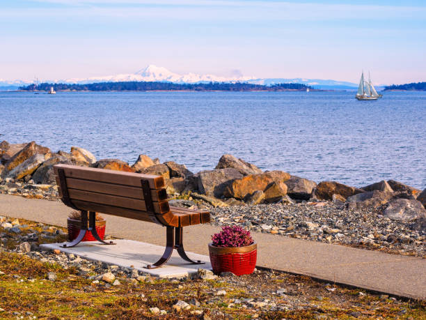 istock Bench at the shore overlooking ocean and remote mountain, with sailboat cruising by 681277962