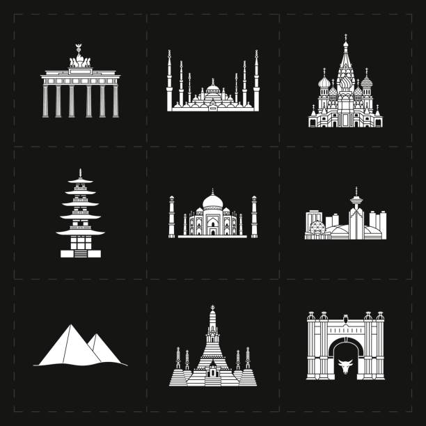 ilustraciones, imágenes clip art, dibujos animados e iconos de stock de nueve iconos plana de referencia - brandenburg gate famous place germany spain