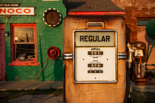 Commerce, Oklahoma - July 7, 2014: Detail of a gas pump in an old gas Conoco Gas Station along the historic Route 66 in the town of Commerce, Oklahoma, USA.