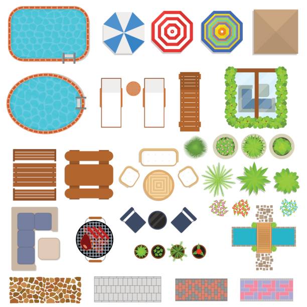 Cartoon Landscape Design Elements Set Top View. Vector Cartoon Landscape Design Elements Set Top View Flat Style for Home, Hotel or Resort. Vector illustration garden pathway stock illustrations