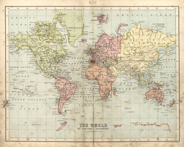 antike landkarte von der welt, 1873 - archivmaterial stock-grafiken, -clipart, -cartoons und -symbole