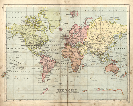 Vintage engraving of a Victorian Antique map of the world, 1873