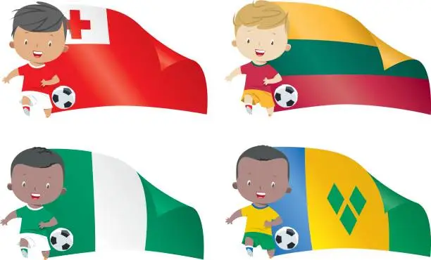 Vector illustration of World flags and children soccer