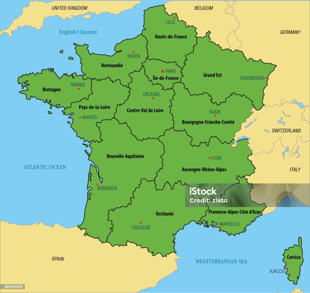 France map with regions and their capitals Vector highly detailed political map of France with regions and their capitals. All elements are separated in editable layers clearly labeled. EPS 10 Map stock vector