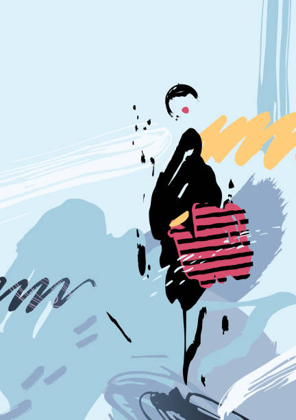 istock Stylish woman with bag on the abstract background and elements formed by artistic blots and stains. 681354894