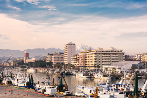 Pescara,Italy - December 9, 2016: Channel port on Pescara river and the city in background (Abruzzo)