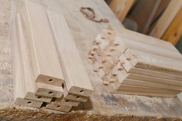 istock Carpentry workshop table and billets of wood for chair. 681394854