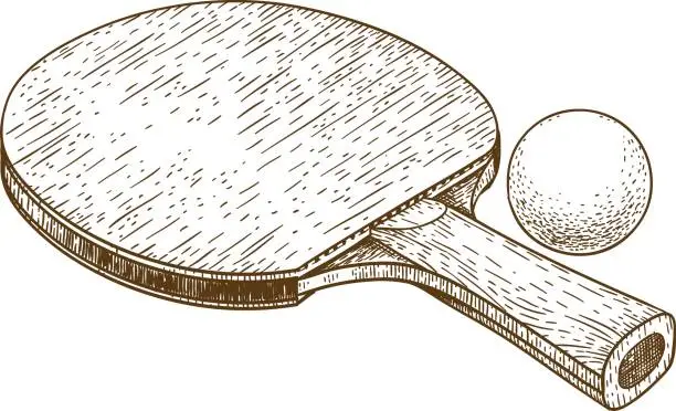 Vector illustration of engraving illustration of ping pong table tennis racket and ball