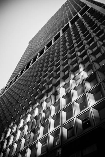 istock Black and white skyscraper New York Downtown facade stone glass 681427496