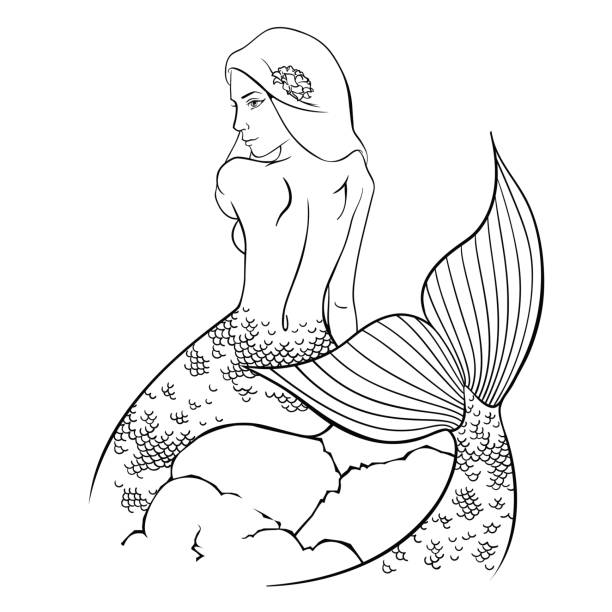istock Monochrome retro mermaid ink line art hand drawn sketch vector 681434866