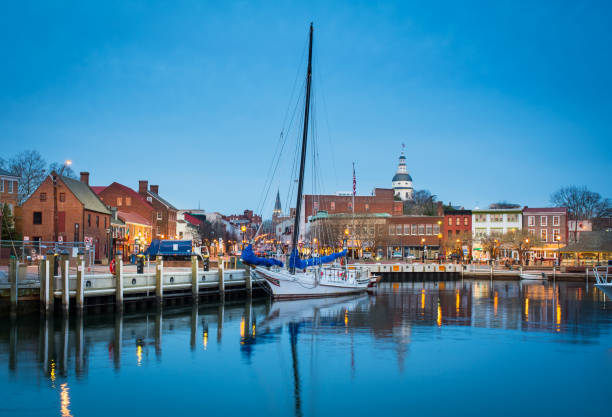 View of boats by the Annapolis Harbor and the city stock photo