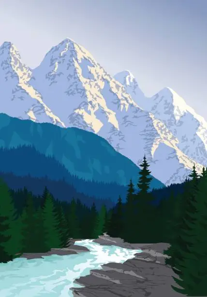 Vector illustration of vector evening in beautiful mountains forest with river