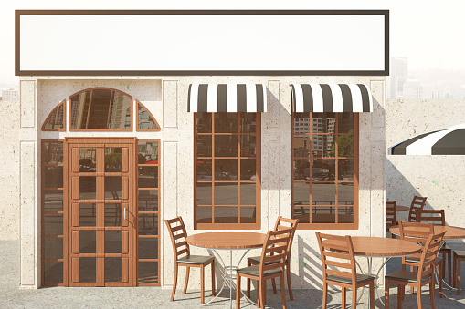 Stylish cafe exterior with tables, chairs, umbrella and empty poster. Mock up, 3D Rendering