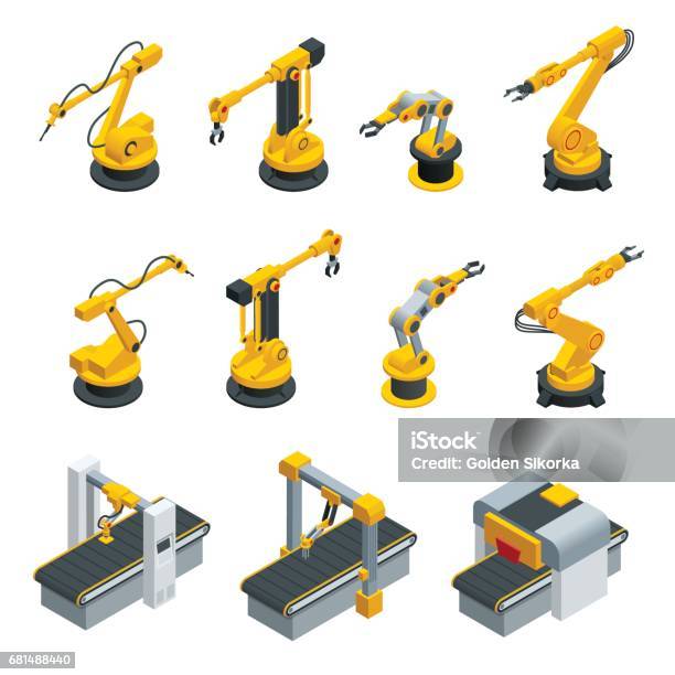 Isometric Set Of Robotic Hand Machine Tool At Industrial Manufacture Factory Industrial Welding Robots In Production Line Manufacturer Factory Stock Illustration - Download Image Now
