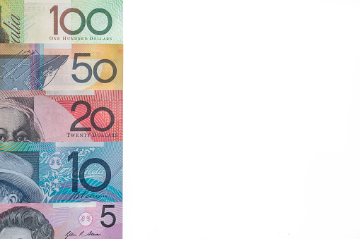 selection of Australian banknotes isolated on white background