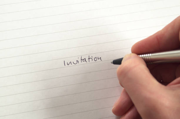 istock Hand writing word Invitation with pen in handwriting on lined paper 681500368