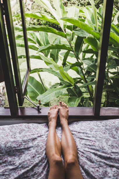 jambes de la femme dans son lit le matin, vue depuis la fenêtre sur le jardin tropical. photo de mode de vie - waking up women bedding underwear photos et images de collection