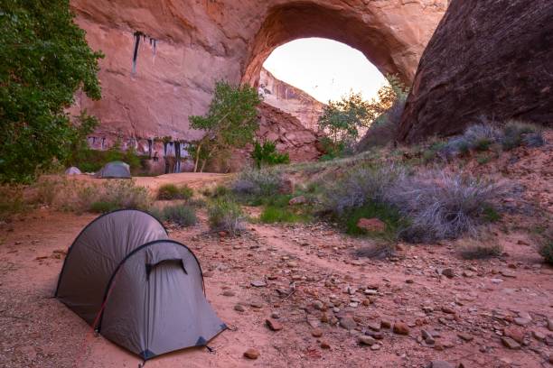 Jacob Hamblin Arch in Coyote Gulch, Utah Wilderness campground under Jacob Hamblin Arch in Coyote Gulch, Canyons of the Escalante, Utah, United States escalante stock pictures, royalty-free photos & images