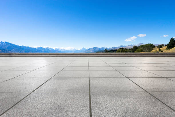 istock empty floor with blue sea in blue sky 681549606