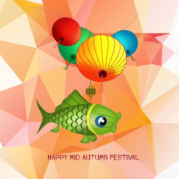 istock Mid Autumn Festival polygonal background with carp lanterns 681614874
