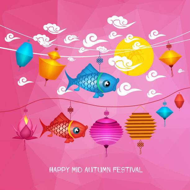 istock Mid Autumn Festival polygonal background with carp lanterns 681615182