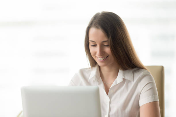 istock Pretty woman communicates with friends in Internet 681615274