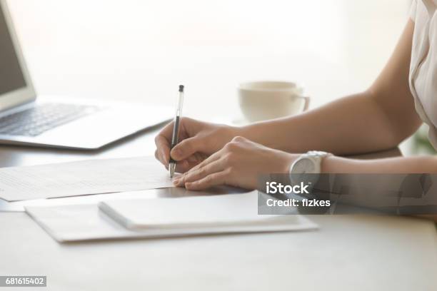 Photo Of Womans Hands With Pen Signs Contract Stock Photo - Download Image Now - Document, Form - Document, Growth
