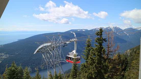 Vancouver, BC, Canada - May 7, 2017 : Heading up the Grouse Mountain Skyride