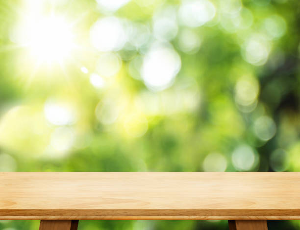 istock Empty wooden table and blurred garden bokeh light background. Mock up for display or montage of product,Business presentation. 681616004