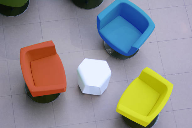 istock Concept view from above is a yellow, red and blue armchair 681619120