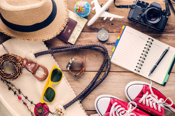 istock Travel accessories on wooden floor ready for travel 681620004
