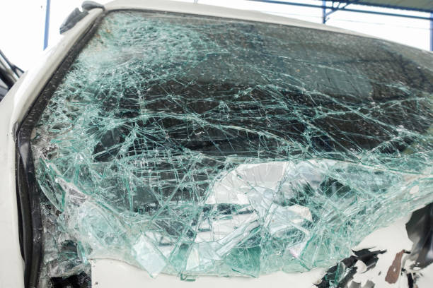 istock Broken van car windshield. Accident of car 681622350