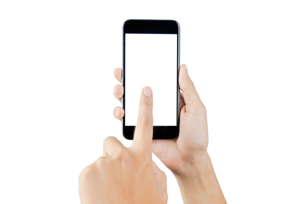 istock Hand holding smart phone blank screen. Woman hand using smart phone isolated on white background. Smart phone white screen. 681622534