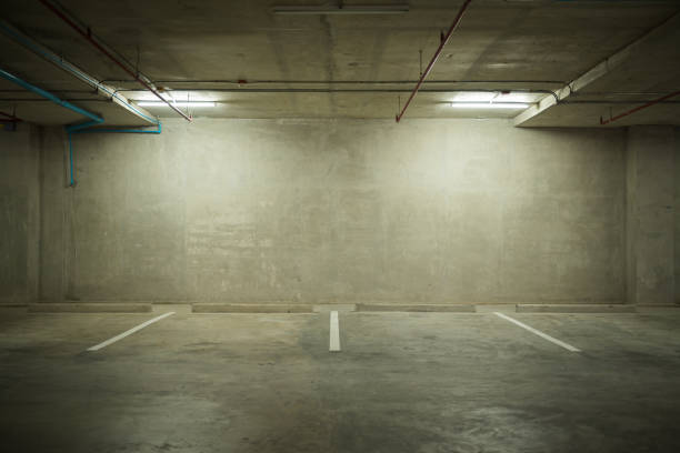 istock Parking garage department store interior with blank billboard 681622560