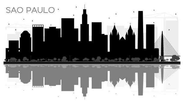 сан-паулу сити горизонта черно-белый силуэт с отражениями. - gray line horizontal outdoors urban scene stock illustrations