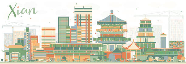 시안 스카이 라인 색 건물을 추상화 합니다. - china xian contemporary built structure stock illustrations