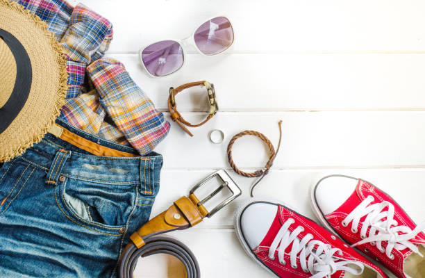 istock Travel accessories and costume on white background 681625130