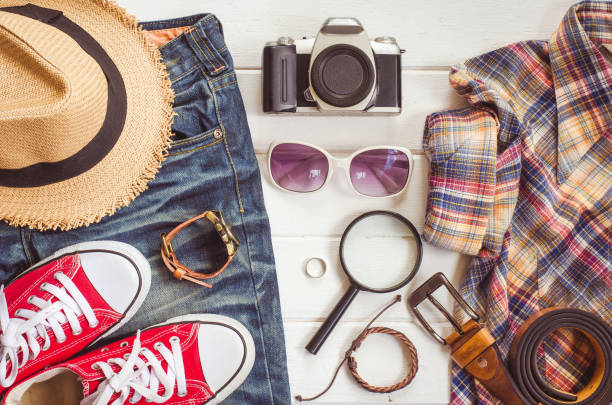 istock Travel accessories and costume on white background 681625260