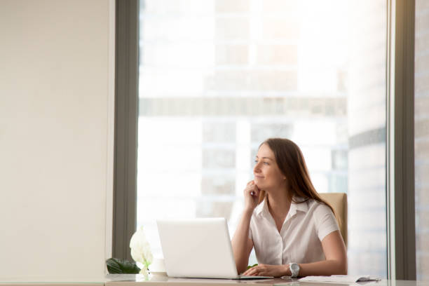 istock Satisfied businesswoman dreaming about success 681625404