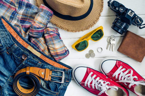istock Travel accessories and costume on white background 681625652