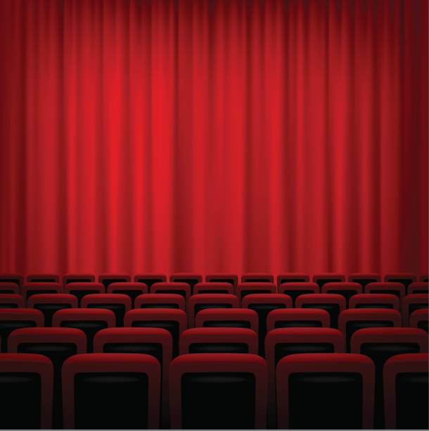 ilustraciones, imágenes clip art, dibujos animados e iconos de stock de fondo de teatro película con cortinas rojas y sillas. ilustración de vector. - stage theater theatrical performance curtain seat