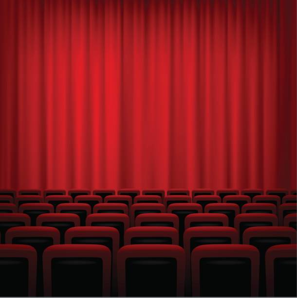 istock Movie theatre background with red curtains and chairs. Vector illustration. 681629170